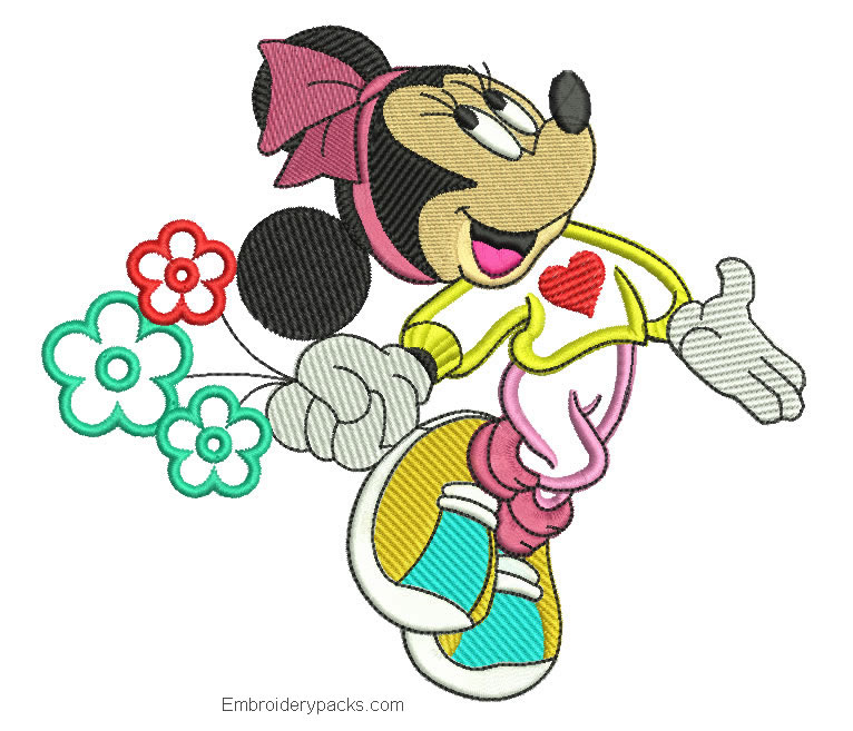 Embroidered design of minnie with flowers to embroider