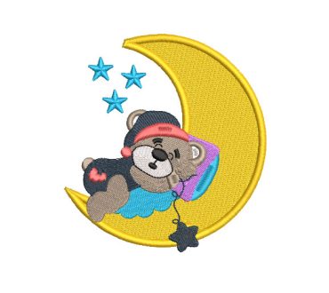 Baby Bear Sleeping on Moon with Stars Embroidery Designs