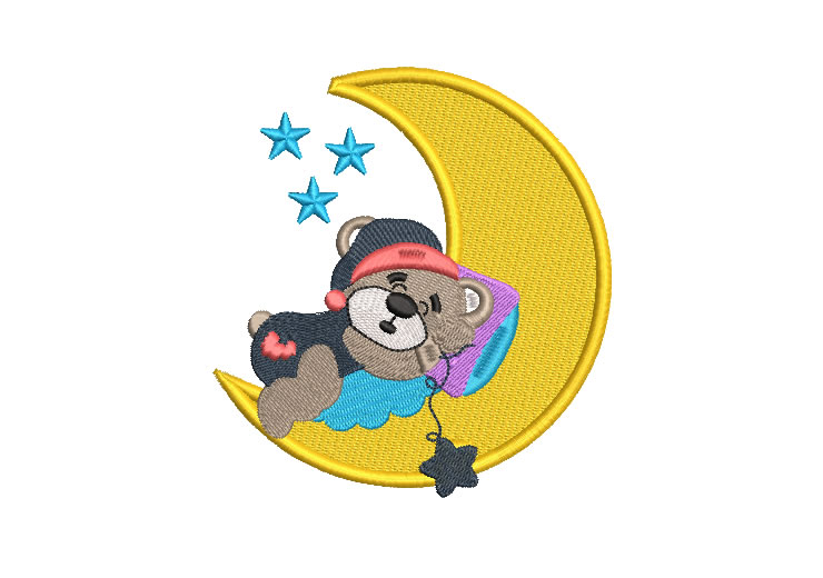 Baby Bear Sleeping on Moon with Stars Embroidery Designs