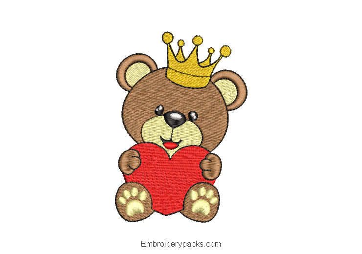 Baby bear embroidery with crown and heart