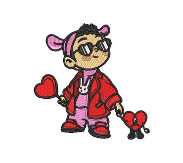 Bad Bunny Character with Heart Embroidery Designs