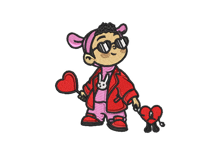 Bad Bunny Character with Heart Embroidery Designs