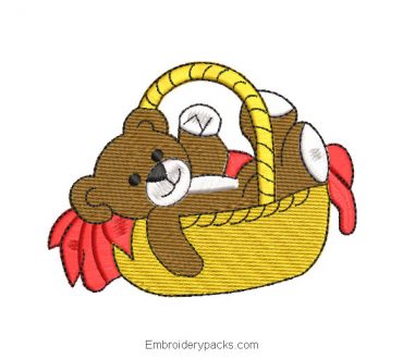 Bear in basket gift embroidery design