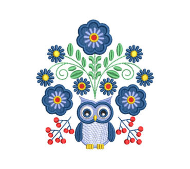 Blue Owl with Colorful Flowers Embroidery Designs