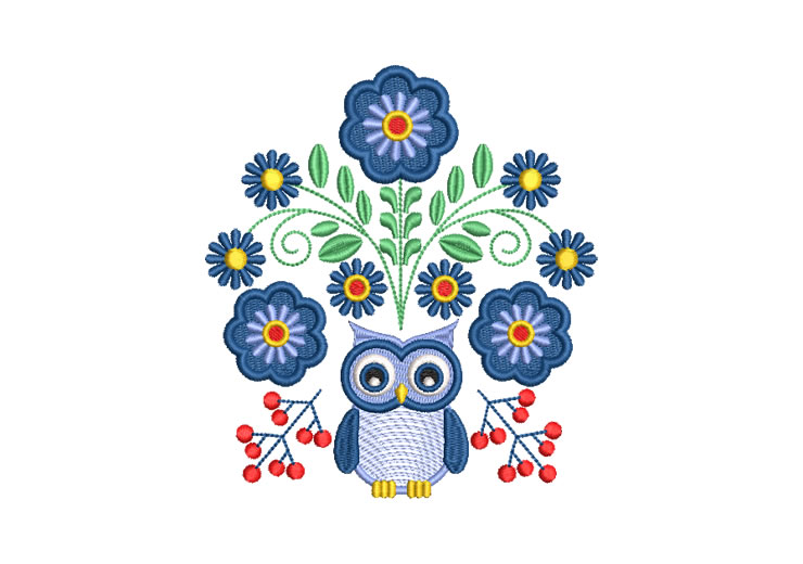 Blue Owl with Colorful Flowers Embroidery Designs