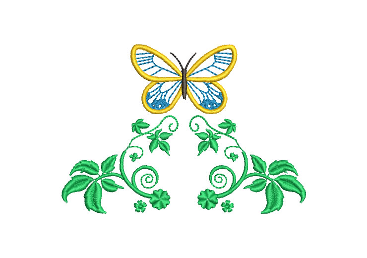 Butterfly with Leaves and Flowers Embroidery Designs