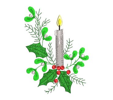Christmas Candle with Green Leaves Embroidery Designs