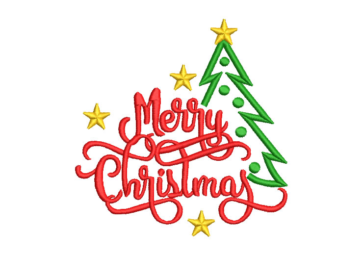 Christmas Lettering Merry Christmas with Tree Embroidery Designs