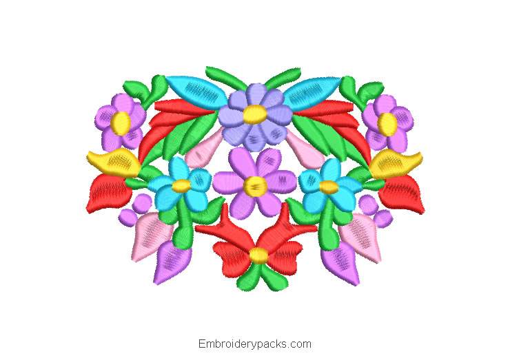 Colorful Flowers and Leaves Machine Embroidery Design
