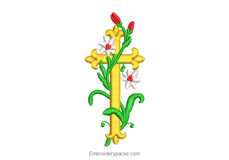 Cross embroidery design with branches and flowers