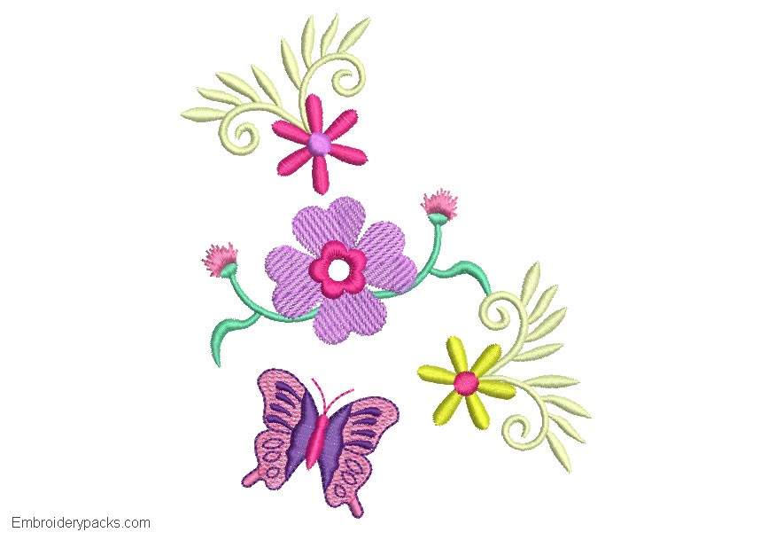 Design Embroidery of flowers and Butterfly