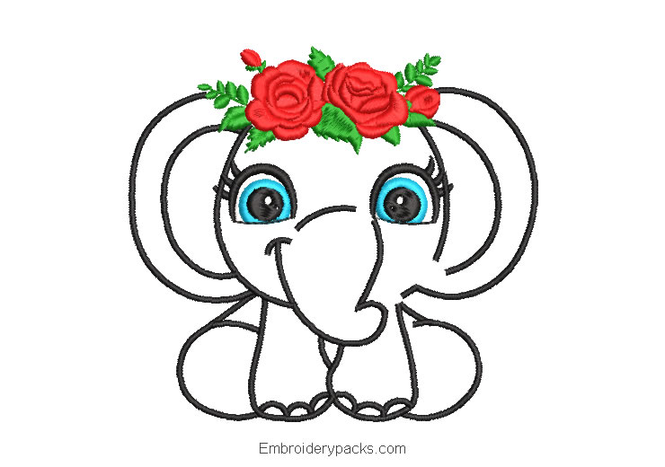 Elephant with roses embroidery design