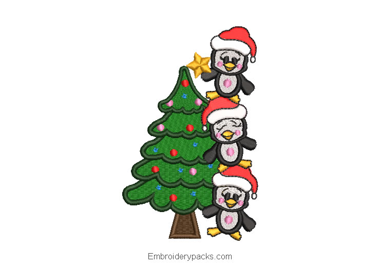 Embroidered Design Christmas Tree with Penguins