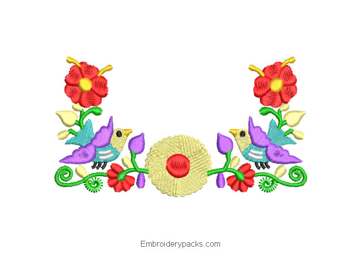 Embroidered Design Colorful Flowers with Dove