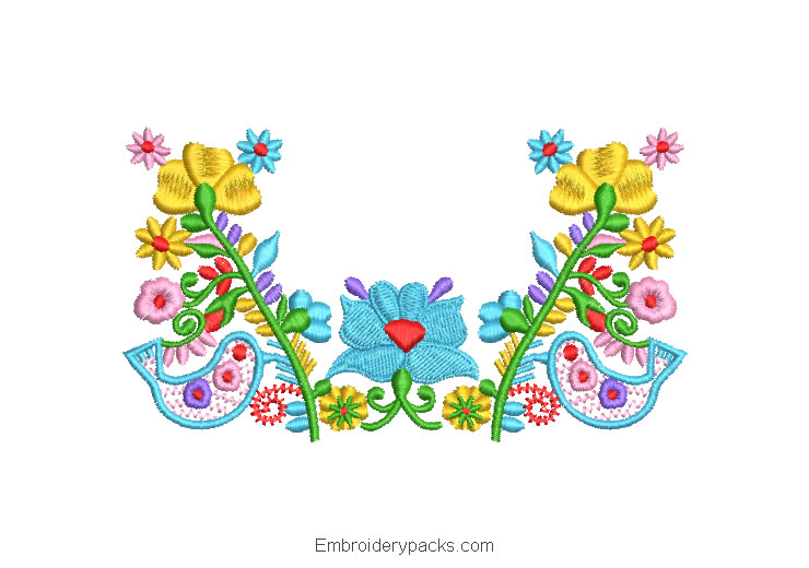 Embroidered Design Flower Branch with Colorful Dove