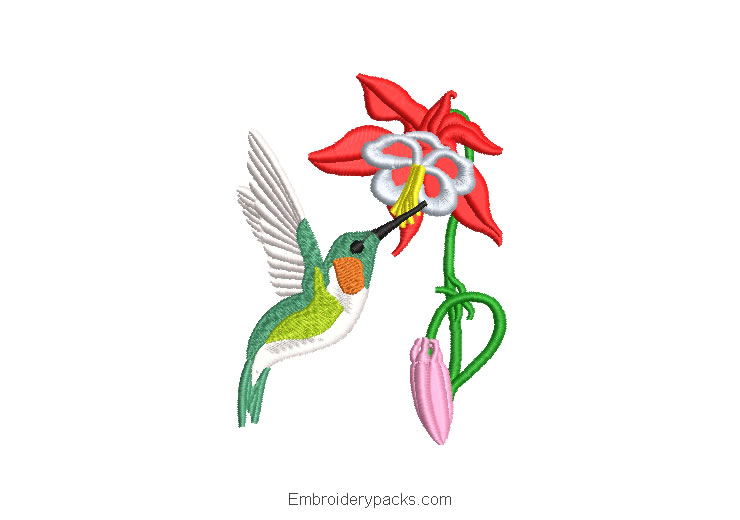 Embroidered Design Hummingbird Pecking a Flower