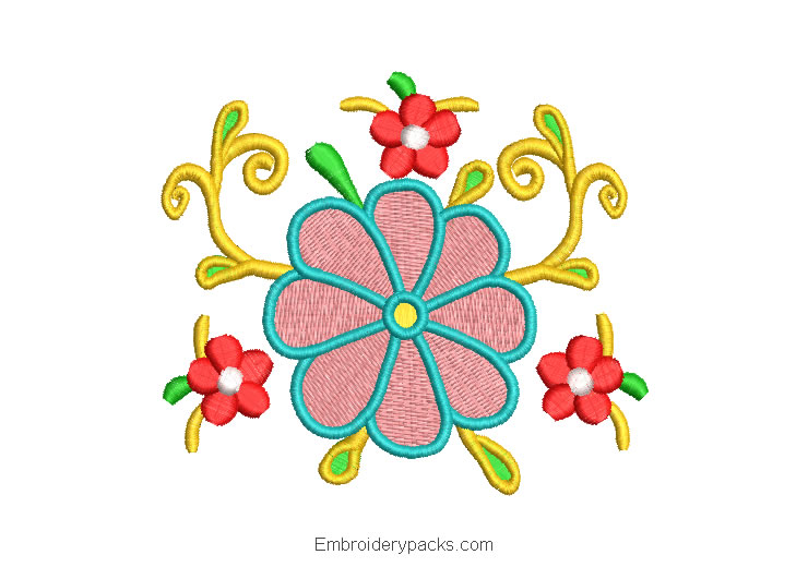 Embroidered Design of Colorful Flowers with Decoration