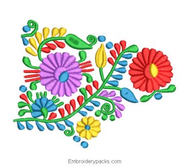 Embroidered Design of Colorful Flowers with Green Leaves
