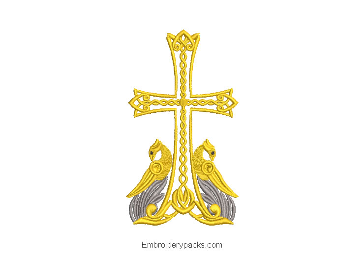 Embroidered Design of Religious Cross with Bird