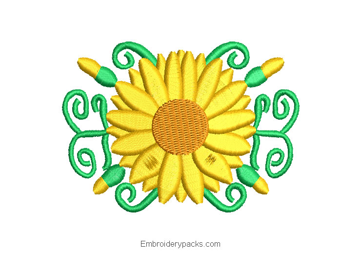 Embroidered Design of Sunflowers with Branches