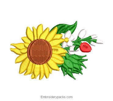 Embroidered Design of Sunflowers with Green Leaves