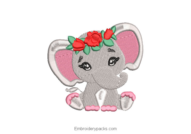 Embroidered design baby elephant with crown of roses