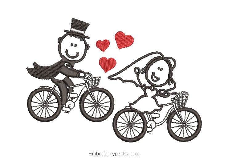 Embroidered design bride and groom on bicycle