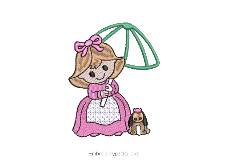 Embroidered design of princess with pet and umbrella