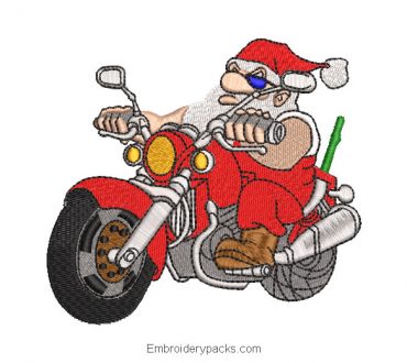 Embroidered design of santa claus on a motorcycle