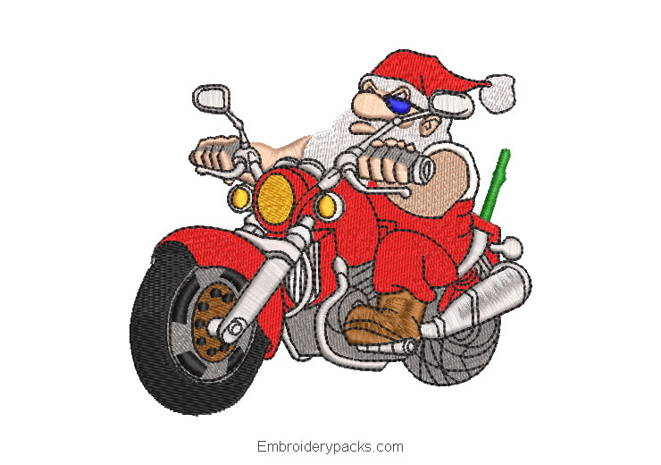 Embroidered design of santa claus on a motorcycle