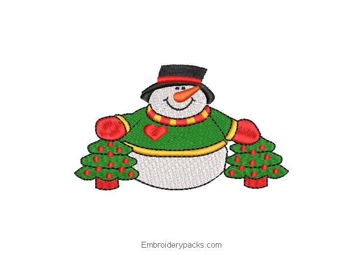 Embroidered snowman with christmas tree