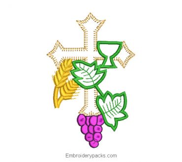 Embroidery design cross grapes branches and ears of wheat