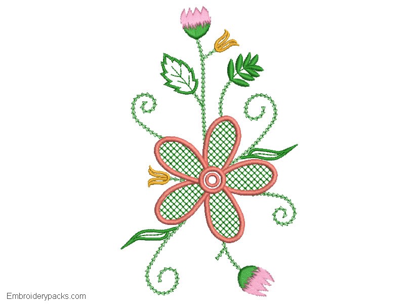 Flower embroidery with green leaves