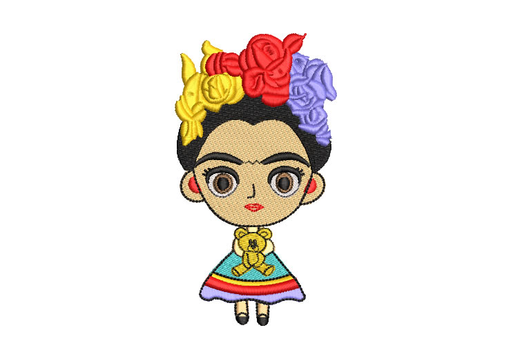 Frida Kahlo Child Doll with Bear Embroidery Designs