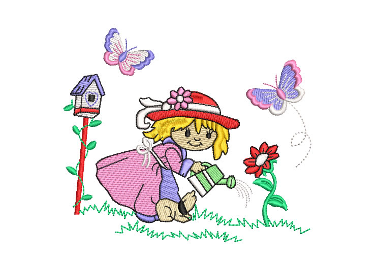 Girl with Butterflies Watering Plant Embroidery Designs
