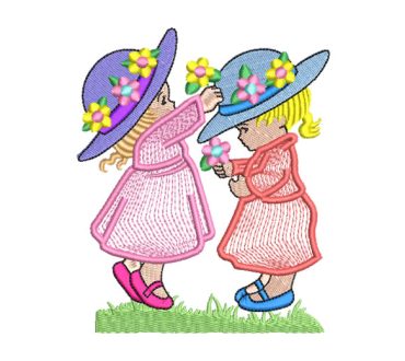 Girls with Hat Playing with Flowers Embroidery Designs