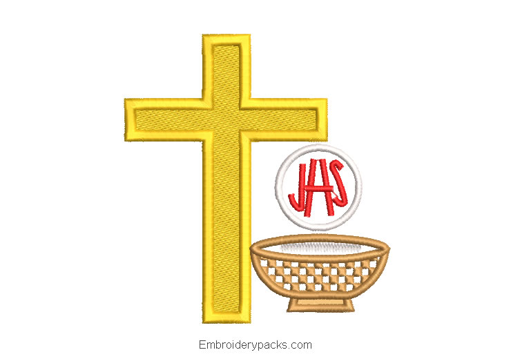 JHS letter and cross embroidery design with cup