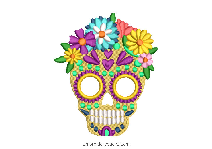 La catrina skull embroidery with colorful flowers