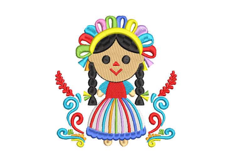 Mexican Lele Doll with Flowers Embroidery Designs