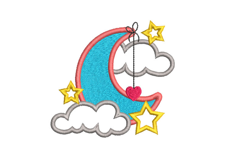 Moon Cloud and Star with Heart Embroidery Designs