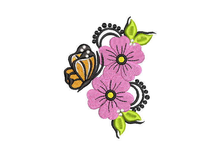 Pink Flowers with Butterfly Embroidery Designs
