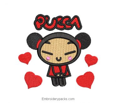 Pucca Embroidered Design with Hearts