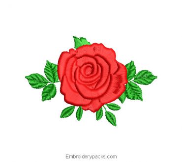 Rose with green leaf designs for machine embroidery