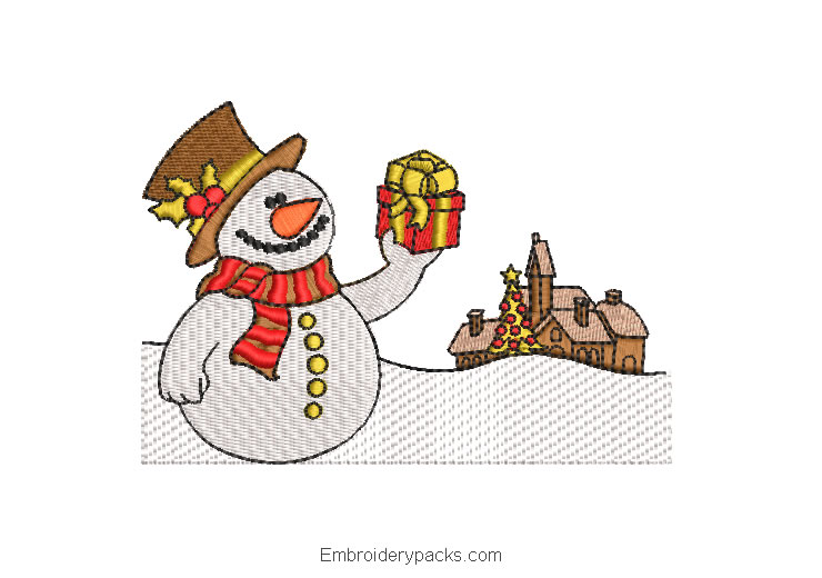 Snowman with Gift Embroidered Design