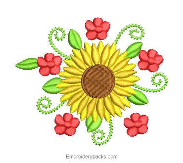 Sunflowers and Green Leaves Embroidered Design