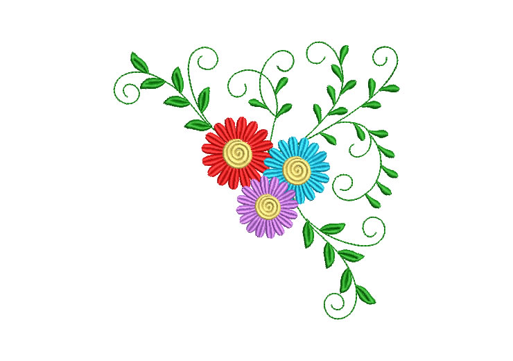 Three Color Flowers with Leaves Embroidery Designs