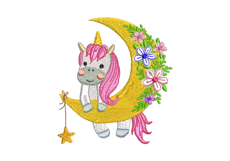 Unicorn Moon with Flowers Fantasy Embroidery Designs