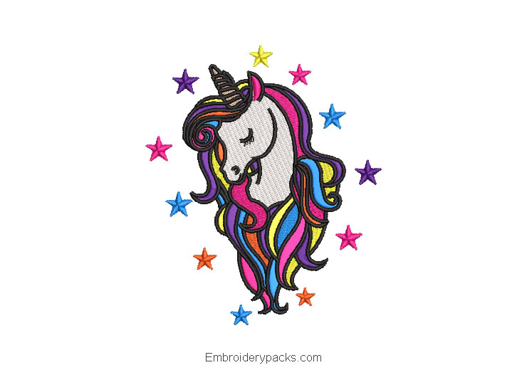 Unicorn pony embroidery design with stars