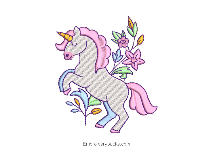 White Unicorn Pony Embroidery with Flowers